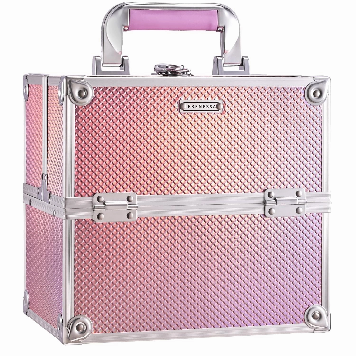 Frenessa Makeup Case Makeup Box Cosmetic Organizer Case Portable Make Up Artist Travel Case Storage Box 4 Trays with Dividers Lockable Hard Train Case Nail Tech Supply Storage Mermaid Pink