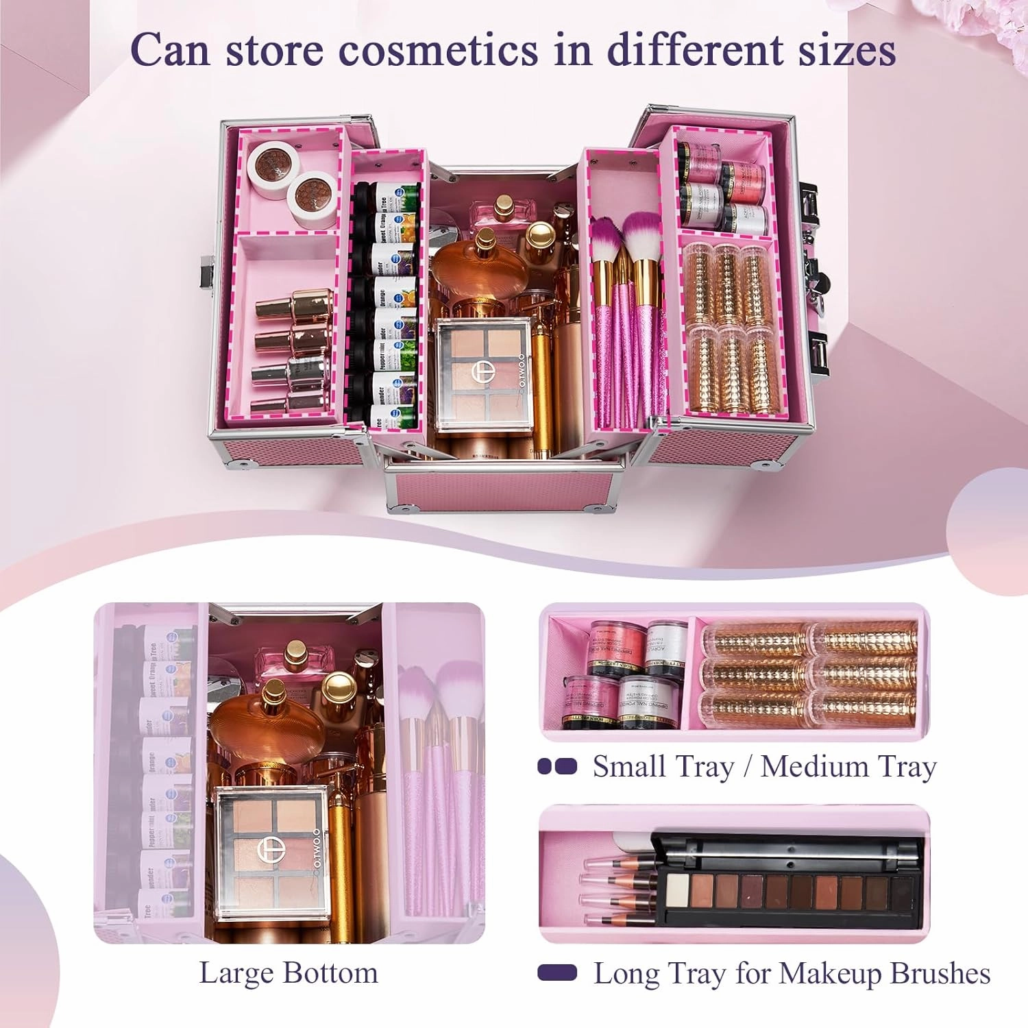 Frenessa Makeup Case Makeup Box Cosmetic Organizer Case Portable Make Up Artist Travel Case Storage Box 4 Trays with Dividers Lockable Hard Train Case Nail Tech Supply Storage Mermaid Pink