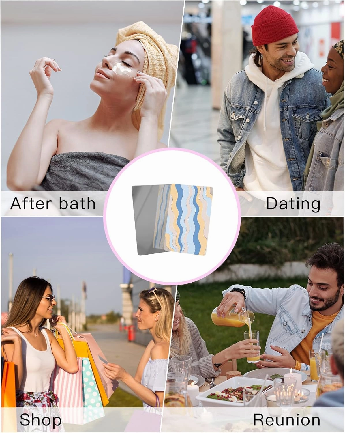 Geometric Striped Small Compact Mirror for Purse, Blue Pink Yellow Ombre Wave Striped Travel Makeup Mirror for Women Men, Rectangular Handheld Compact Pocket Mirror 1 PCS