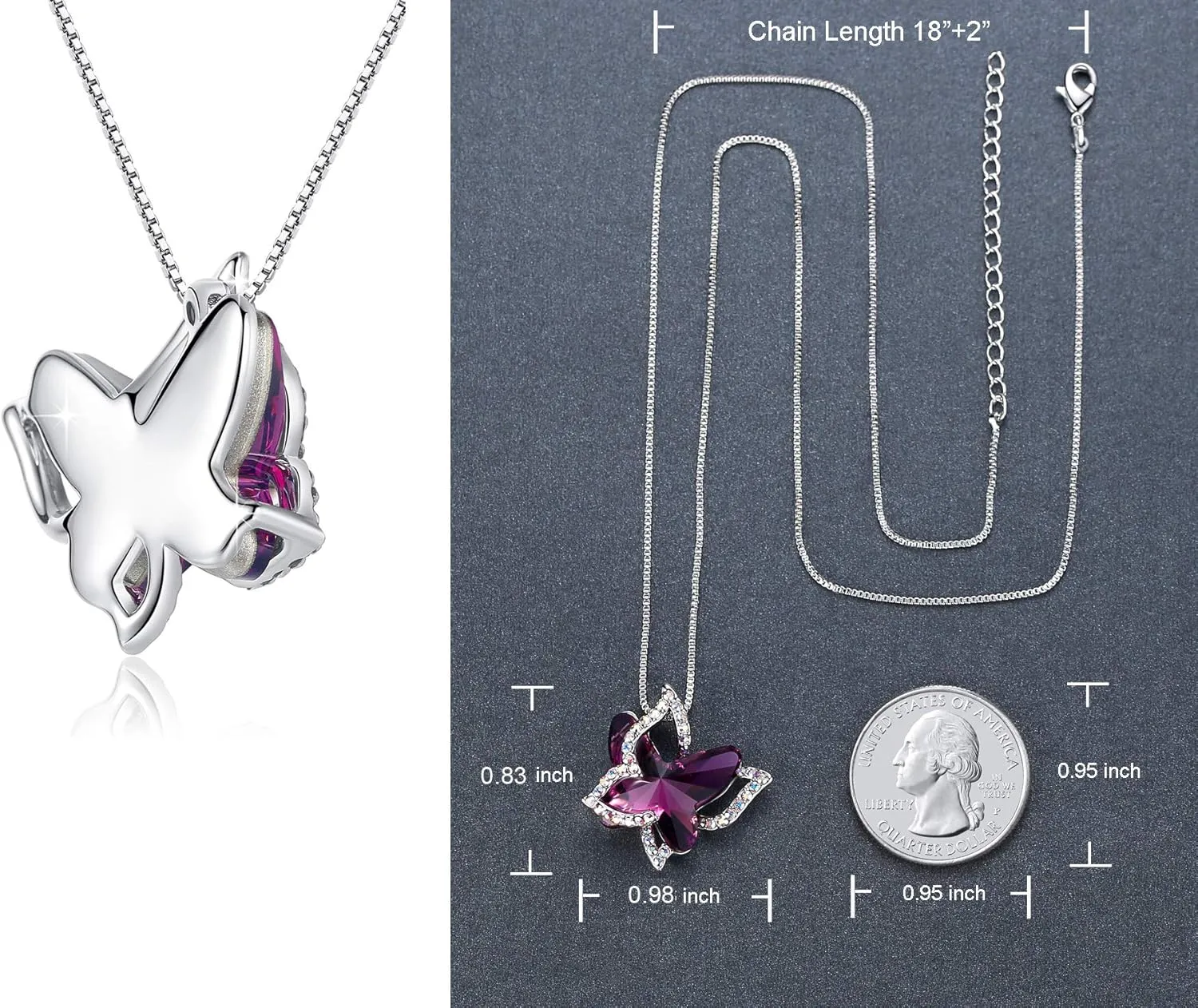 Gift Butterfly Birthstone Crystal Necklace, Silver Tone with 18” 2” Chain, Necklace for Mother’s Day Anniversary Birthday Gifts for Women and Daughter
