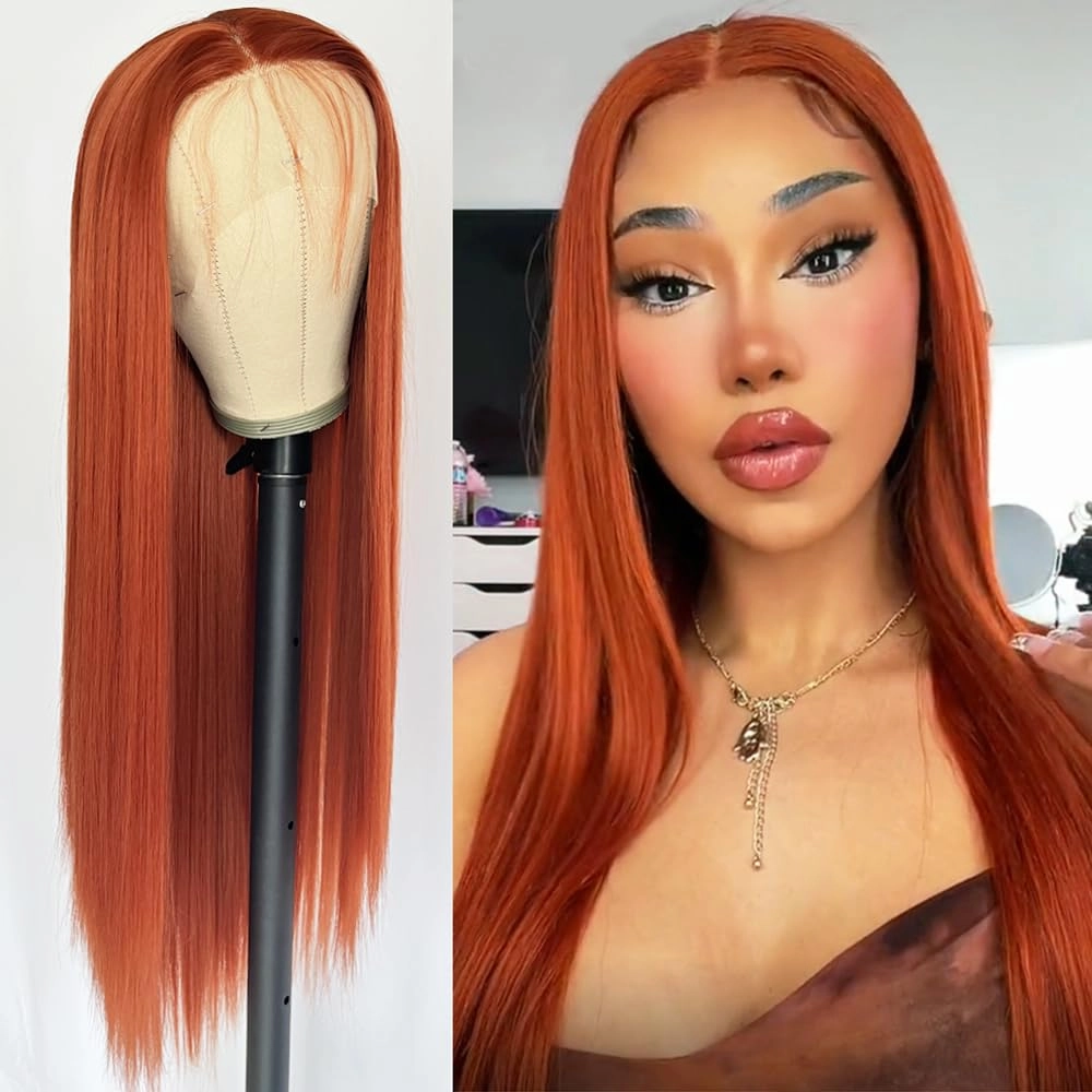 Ginger Orange Color Long Straight Hair Lace Front Wigs Copper Red Hair Glueless Synthetic Lace Front Wigs for Women Natural Hairline