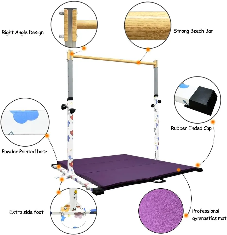 GLANT Gymnastic Kip Bar,Horizontal Bar for Kids Girls Junior,3' to 5' Adjustable Height,Home Gym Equipment,Ideal for Indoor and Home Training,1-4 Levels,300lbs Weight Capacity