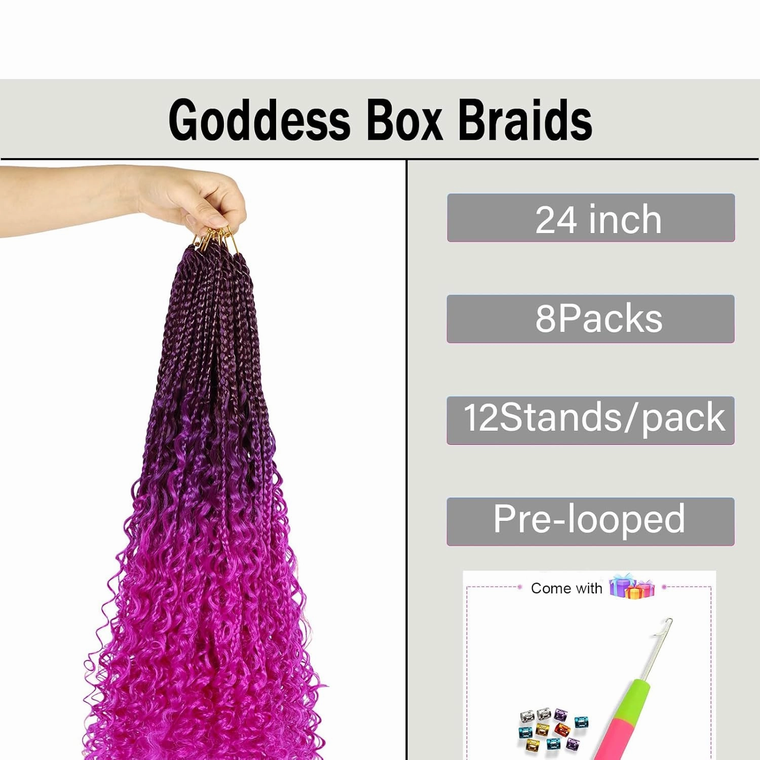 Goddess Box Braids Crochet Hair for Black Women 24inch Boho Crochet Braids Pre Looped Crochet Boho Braids with Curly Ends Purple Ombre Boho Briads Crochet Hair ombre hot pink,8Pack