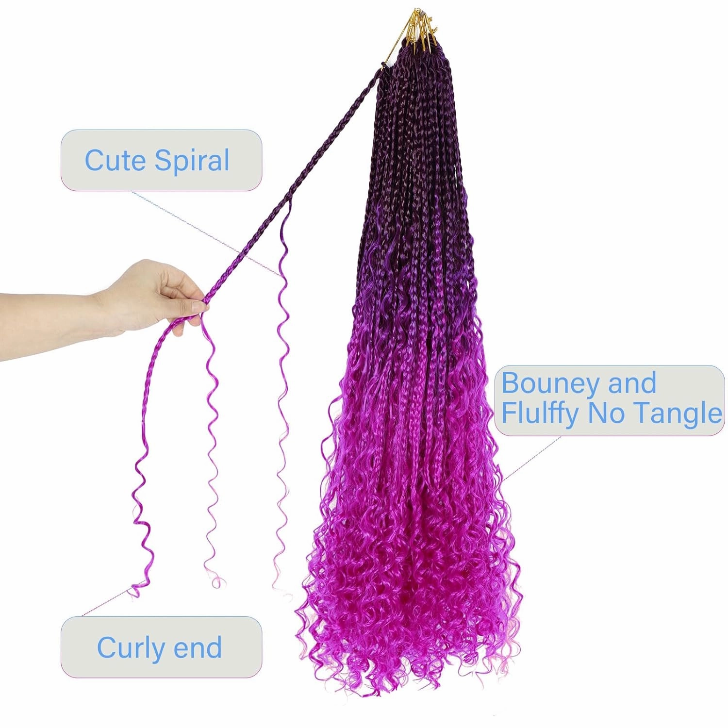 Goddess Box Braids Crochet Hair for Black Women 24inch Boho Crochet Braids Pre Looped Crochet Boho Braids with Curly Ends Purple Ombre Boho Briads Crochet Hair ombre hot pink,8Pack