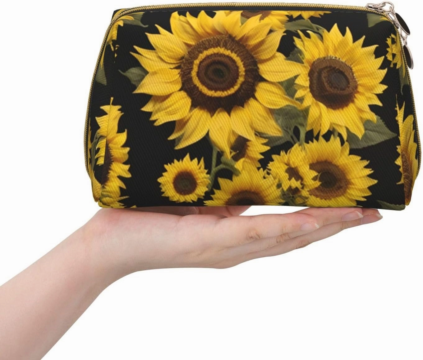 Golden Sunflowers Toiletry Pouch, Travel-Friendly Makeup Organizer For Makeup Brushes, Lipsticks