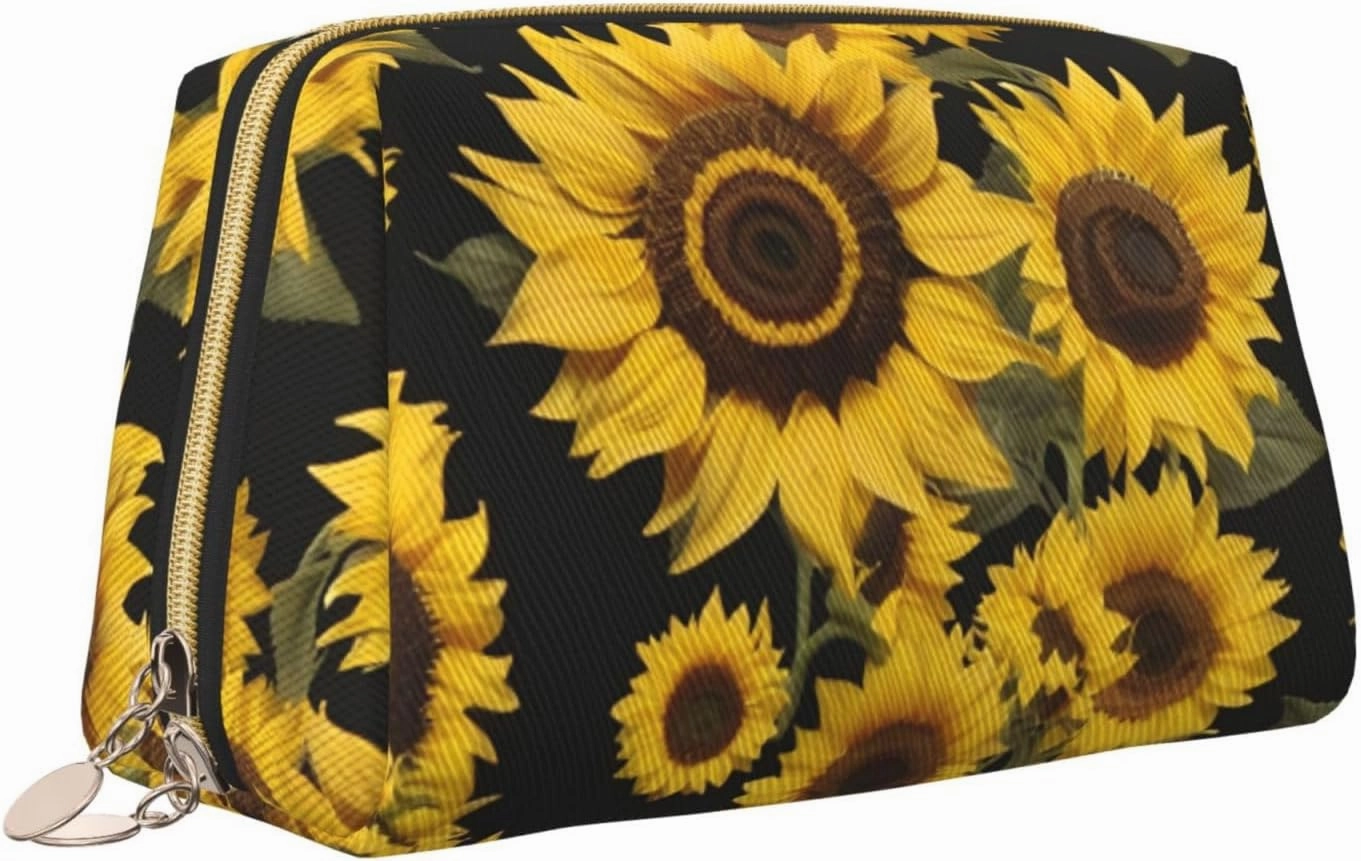 Golden Sunflowers Toiletry Pouch, Travel-Friendly Makeup Organizer For Makeup Brushes, Lipsticks