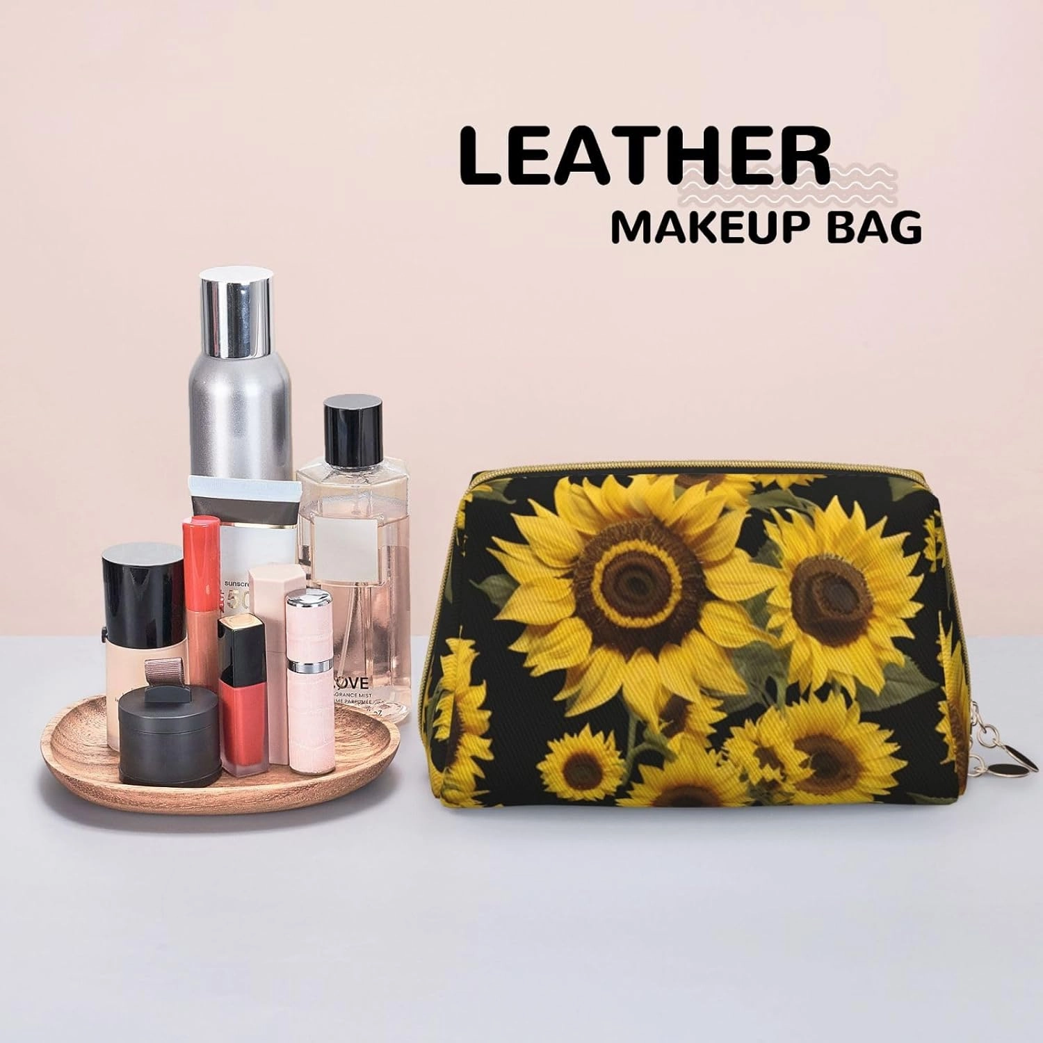 Golden Sunflowers Toiletry Pouch, Travel-Friendly Makeup Organizer For Makeup Brushes, Lipsticks