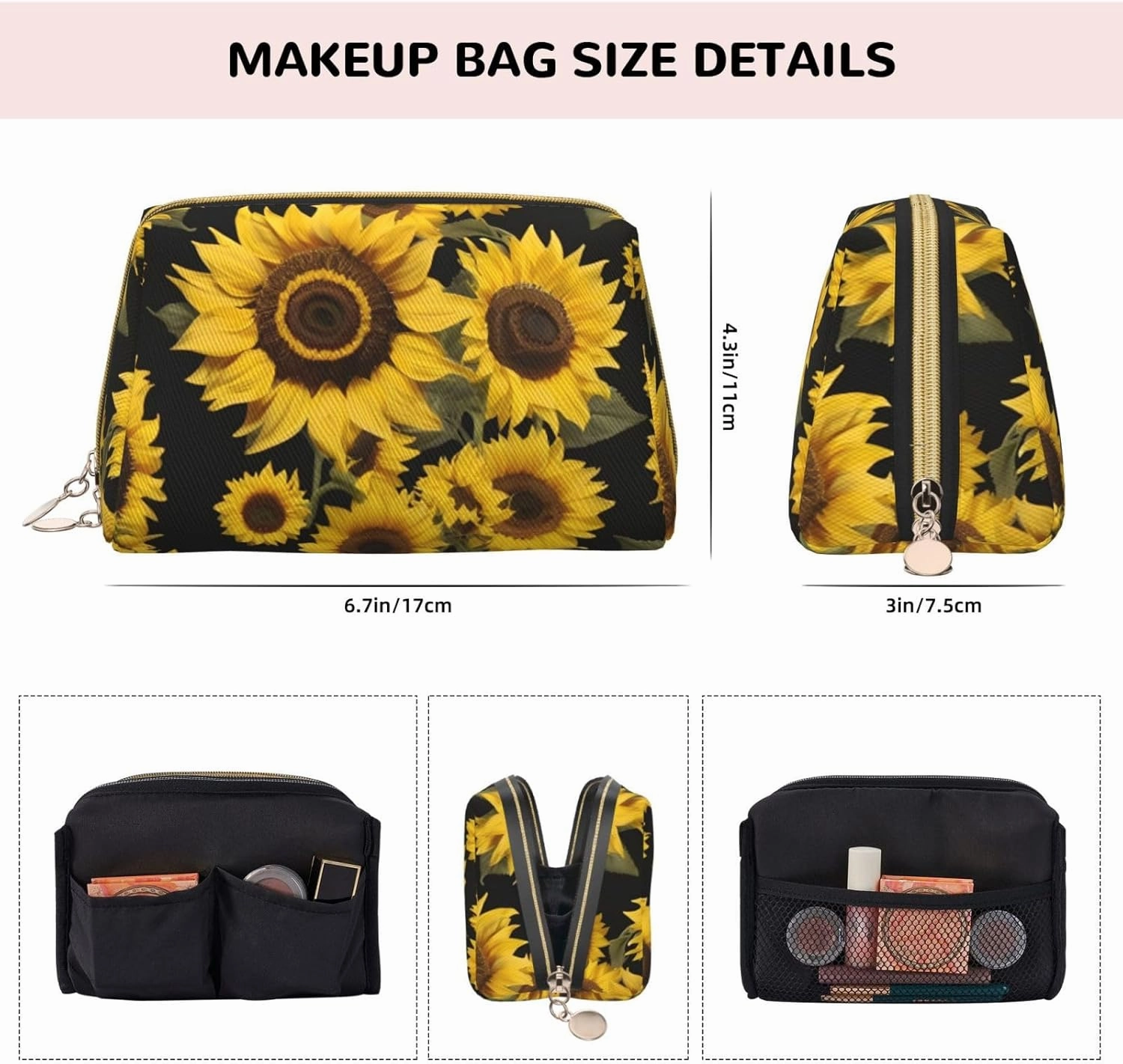 Golden Sunflowers Toiletry Pouch, Travel-Friendly Makeup Organizer For Makeup Brushes, Lipsticks