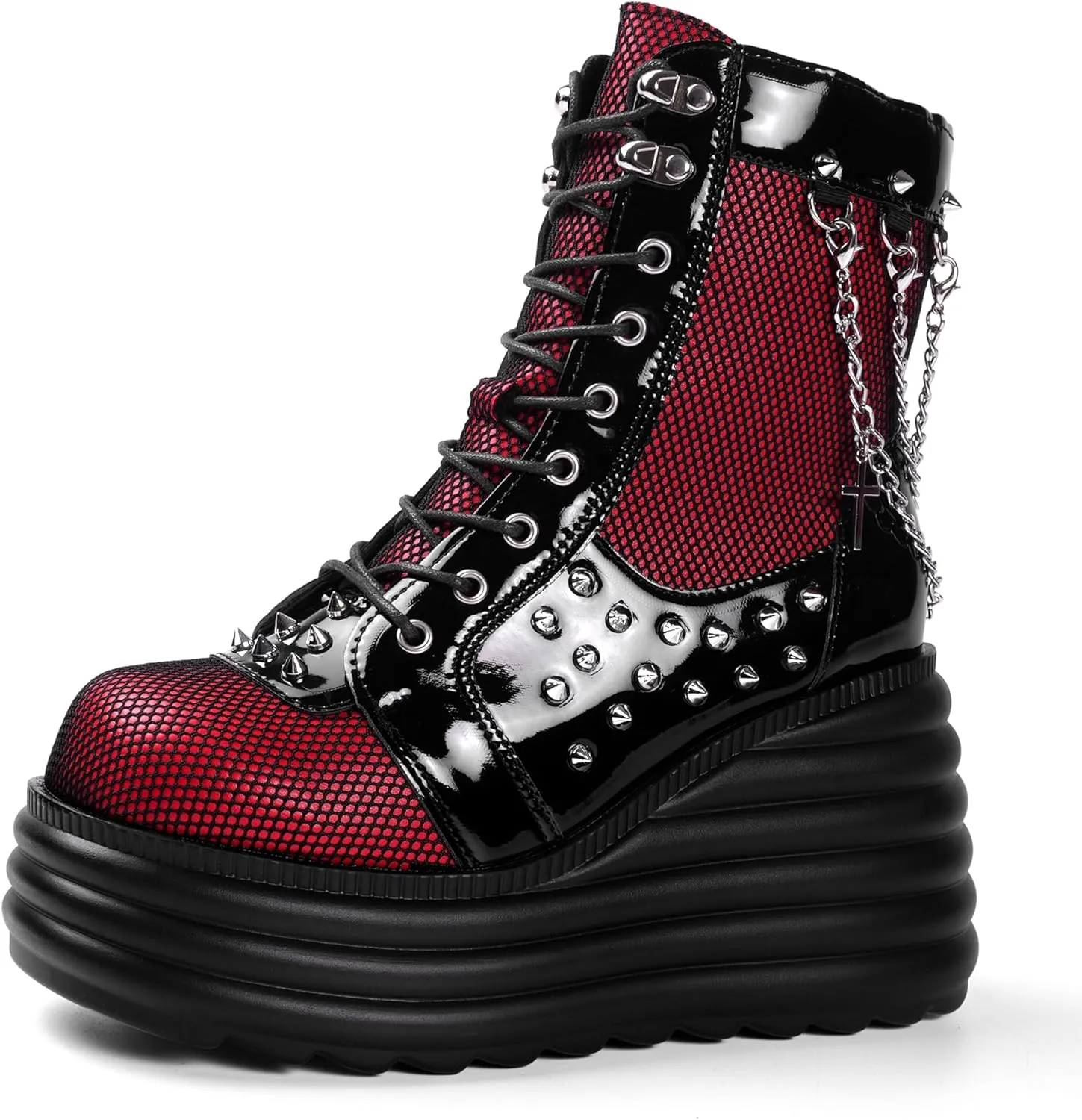 Gothniero Platform Goth Boots for Womem Black Combat Motorcycle Rave Punk emo Boots Chunky Heel Ankle Booties with Side Zip Lace Up Wedge Booties US5.5-11