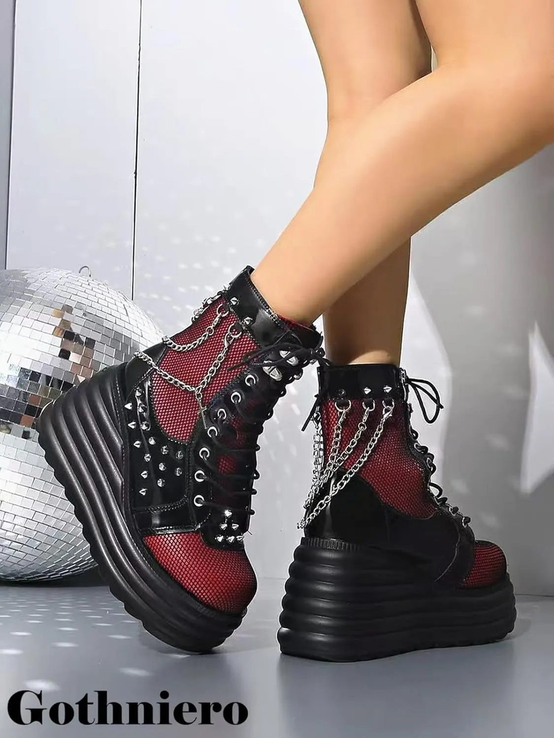 Gothniero Platform Goth Boots for Womem Black Combat Motorcycle Rave Punk emo Boots Chunky Heel Ankle Booties with Side Zip Lace Up Wedge Booties US5.5-11