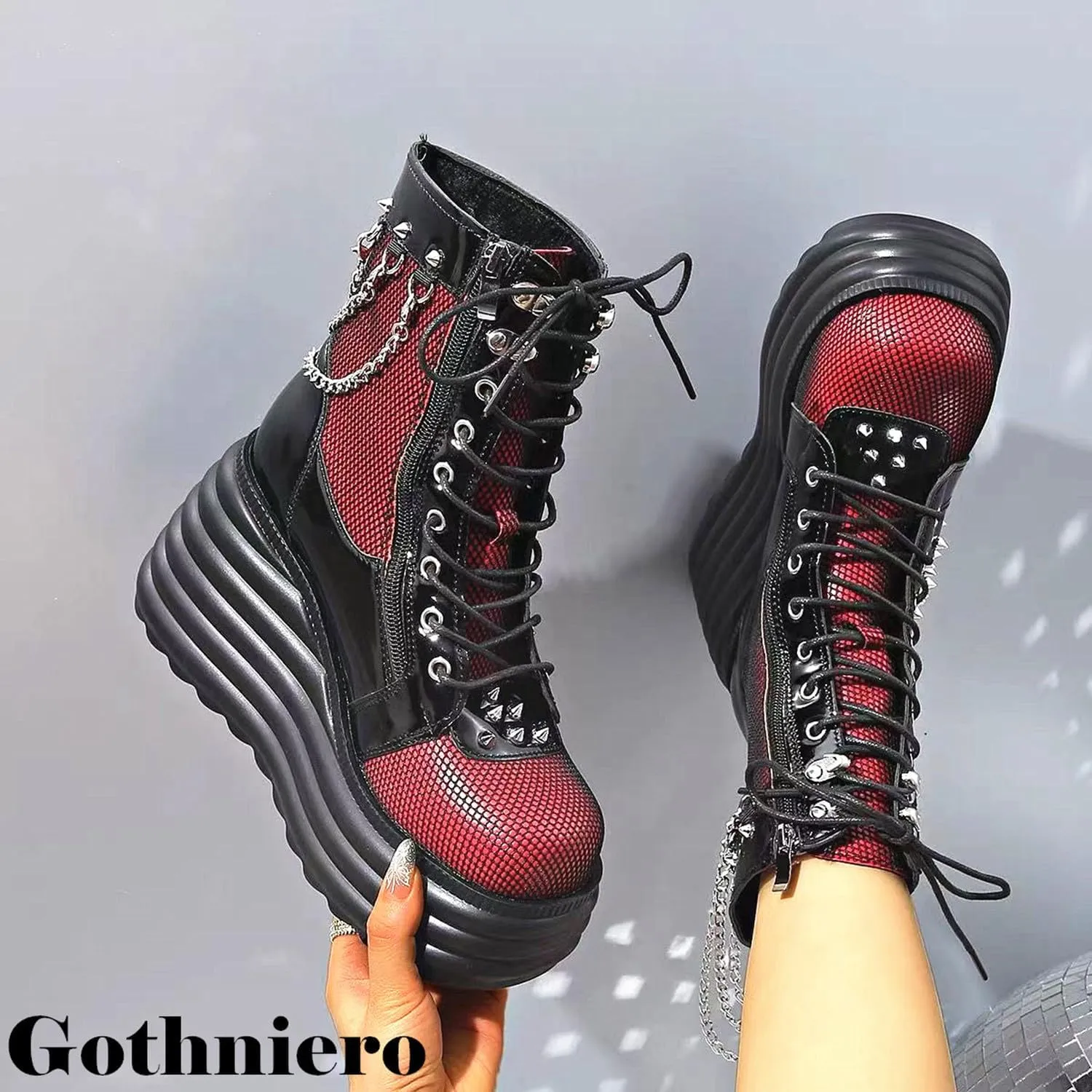 Gothniero Platform Goth Boots for Womem Black Combat Motorcycle Rave Punk emo Boots Chunky Heel Ankle Booties with Side Zip Lace Up Wedge Booties US5.5-11