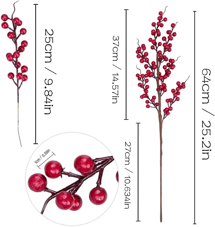 GREENTIME 6 Pack Red Artificial Long Berry Stems Fake 25.2" Christmas Picks Faux Holly Berries Branches for Christmas Wreath Vase Holiday Home Decor