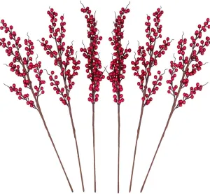 GREENTIME 6 Pack Red Artificial Long Berry Stems Fake 25.2" Christmas Picks Faux Holly Berries Branches for Christmas Wreath Vase Holiday Home Decor