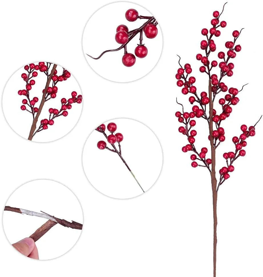 GREENTIME 6 Pack Red Artificial Long Berry Stems Fake 25.2" Christmas Picks Faux Holly Berries Branches for Christmas Wreath Vase Holiday Home Decor