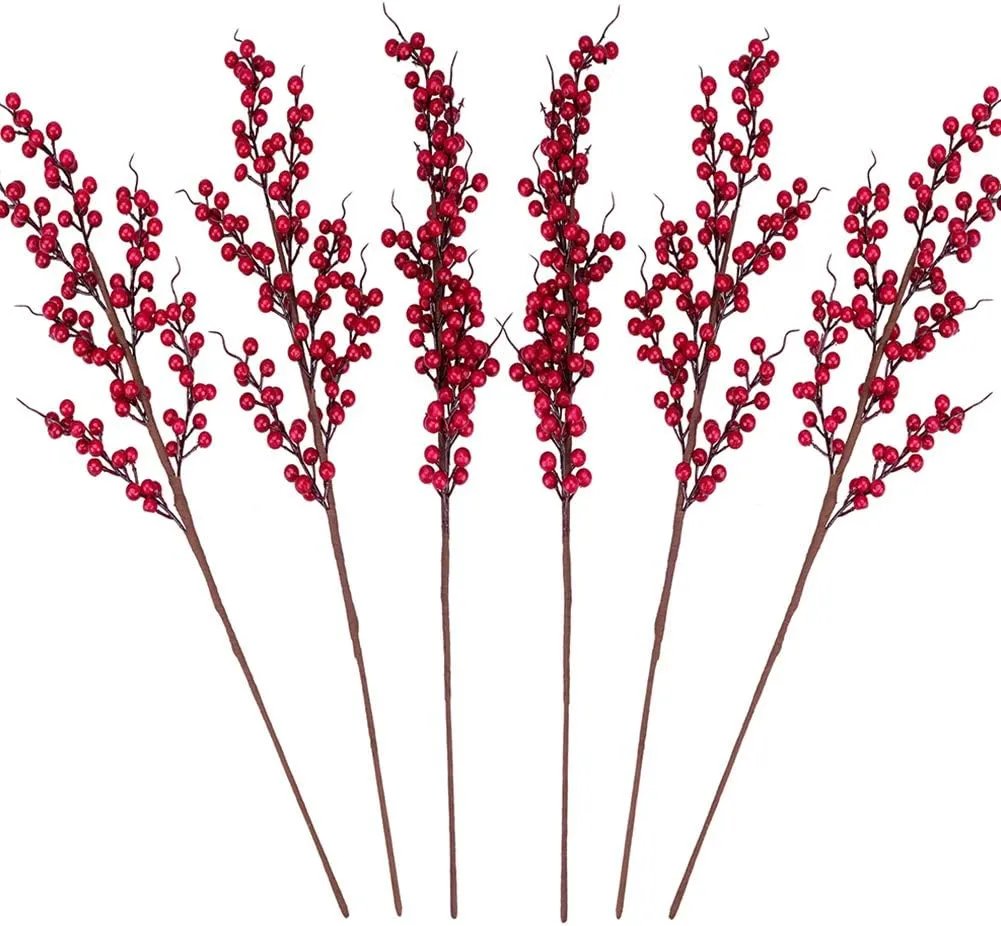 GREENTIME 6 Pack Red Artificial Long Berry Stems Fake 25.2" Christmas Picks Faux Holly Berries Branches for Christmas Wreath Vase Holiday Home Decor