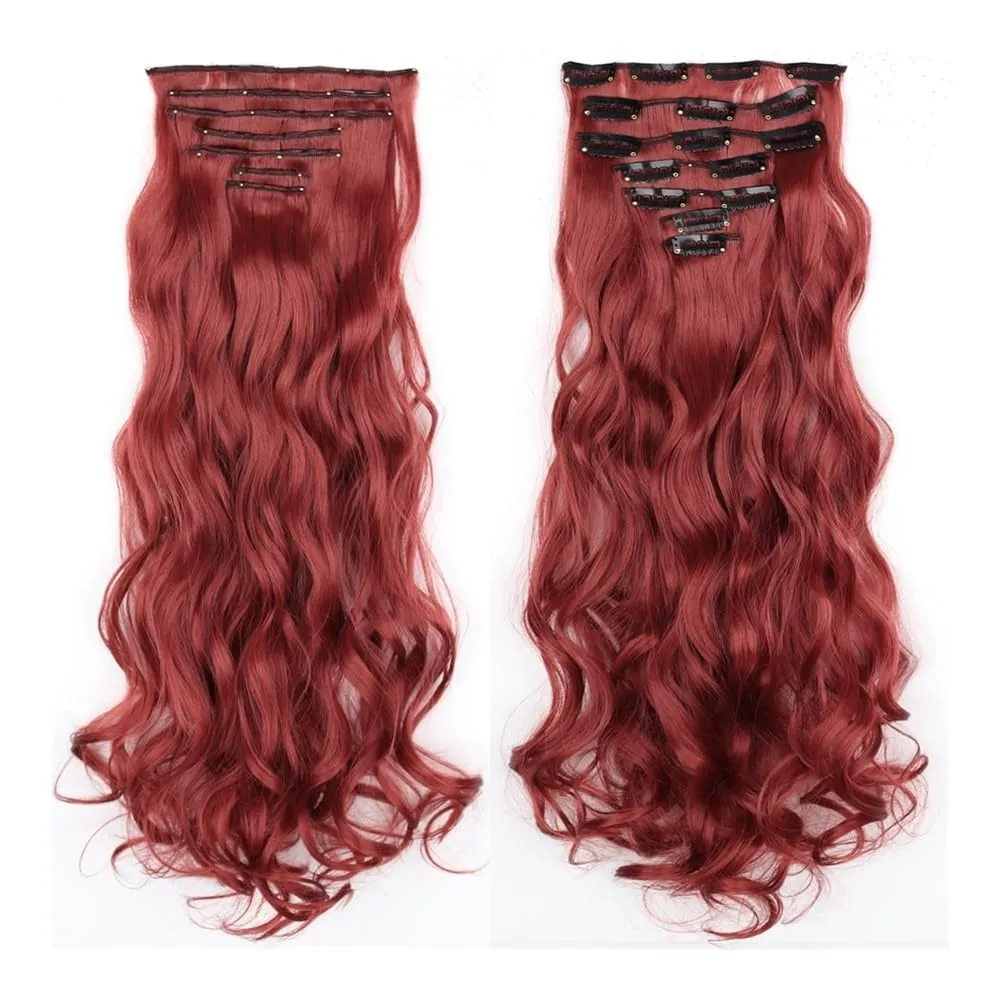 Hair Extensions, 16 card suit chemical fiber long curly hair extension piece big wave curly hair seven-piece set of card hair,for Women(Red)