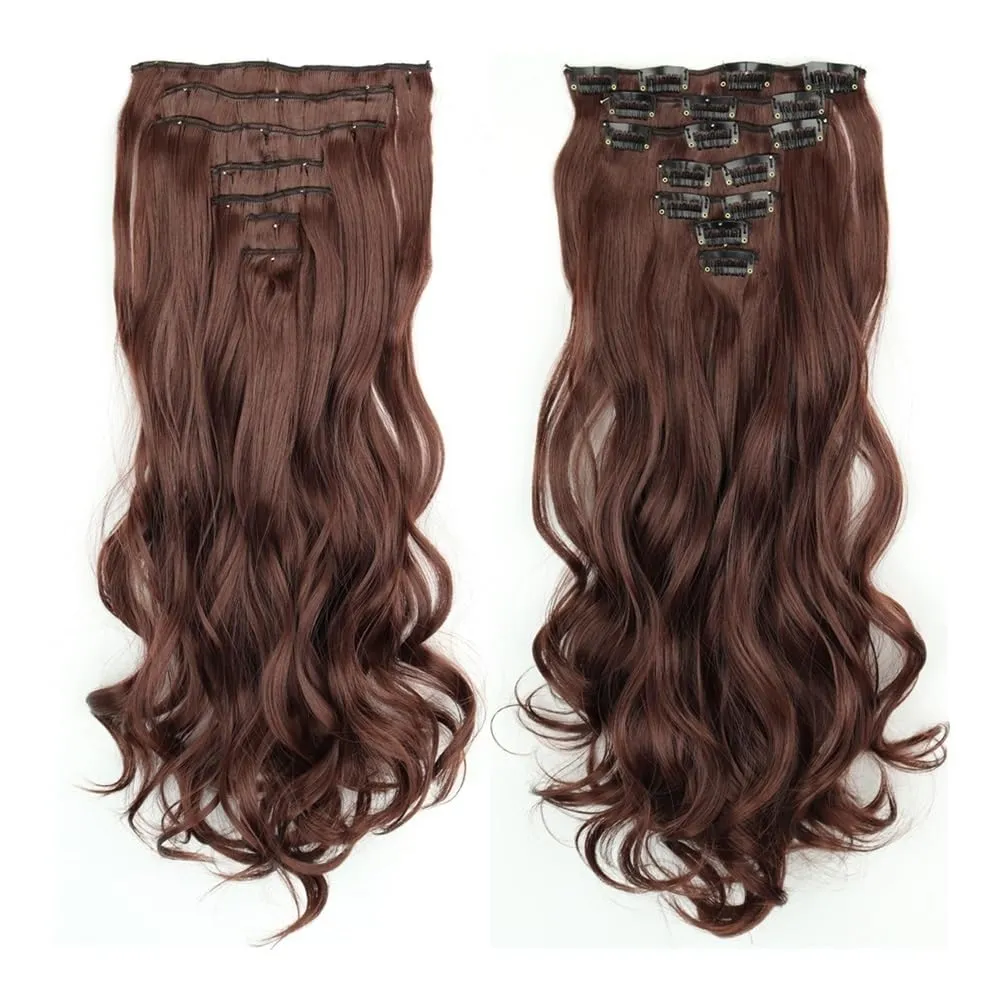 Hair Extensions, 16 card suit chemical fiber long curly hair extension piece big wave curly hair seven-piece set of card hair,for Women(Reddish-brown)