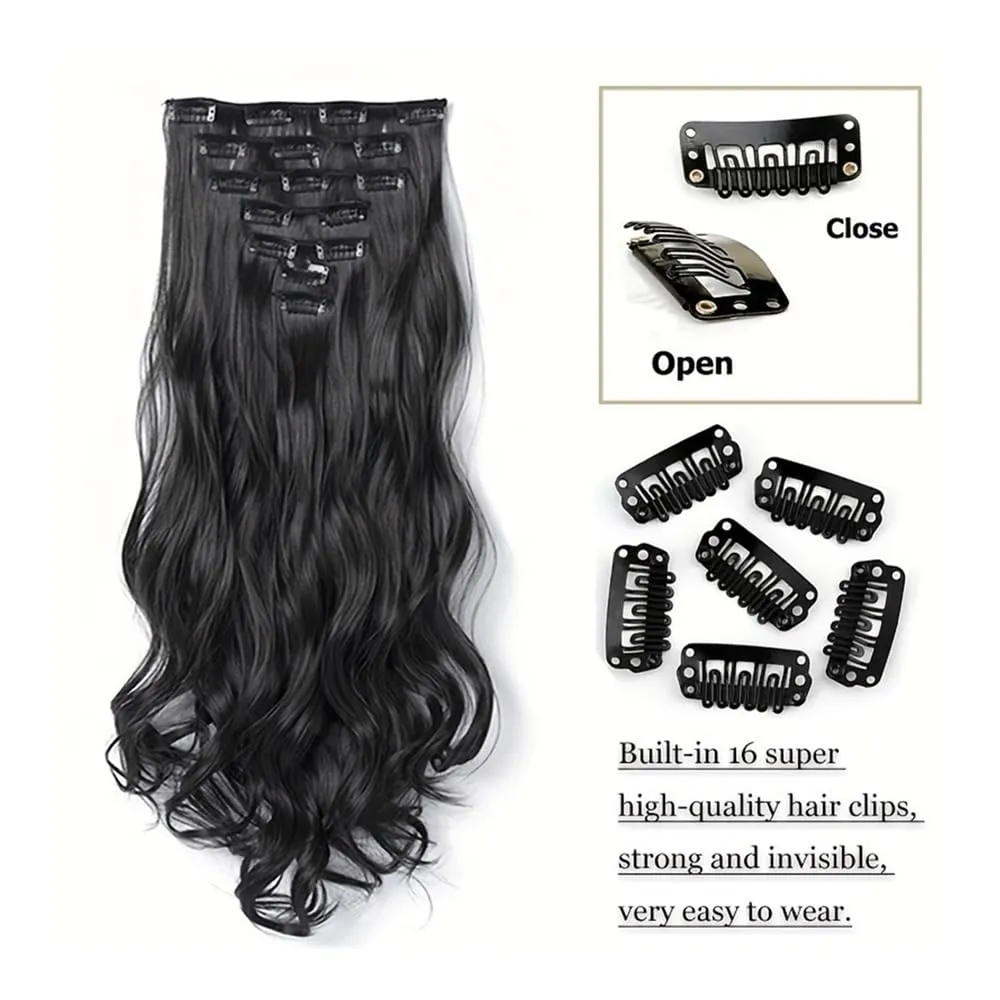 Hair Extensions, 16 card suit chemical fiber long curly hair extension piece big wave curly hair seven-piece set of card hair,for Women(Reddish-brown)