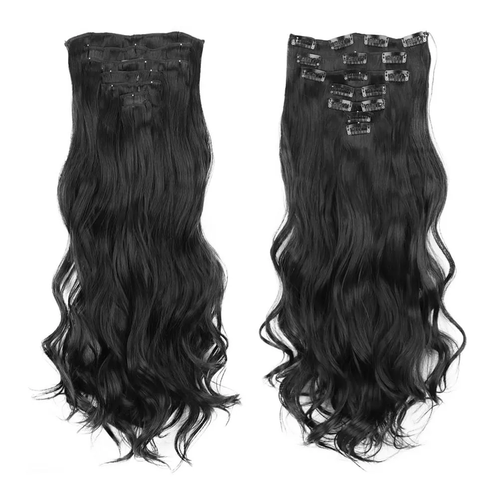 Hair Extensions, 16 card suit chemical fiber long curly hair extension piece big wave curly hair seven-piece set of card hair,for Women(Russet)
