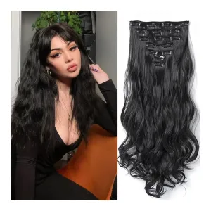 Hair Extensions, 16 card suit chemical fiber long curly hair extension piece big wave curly hair seven-piece set of card hair,for Women(Russet)