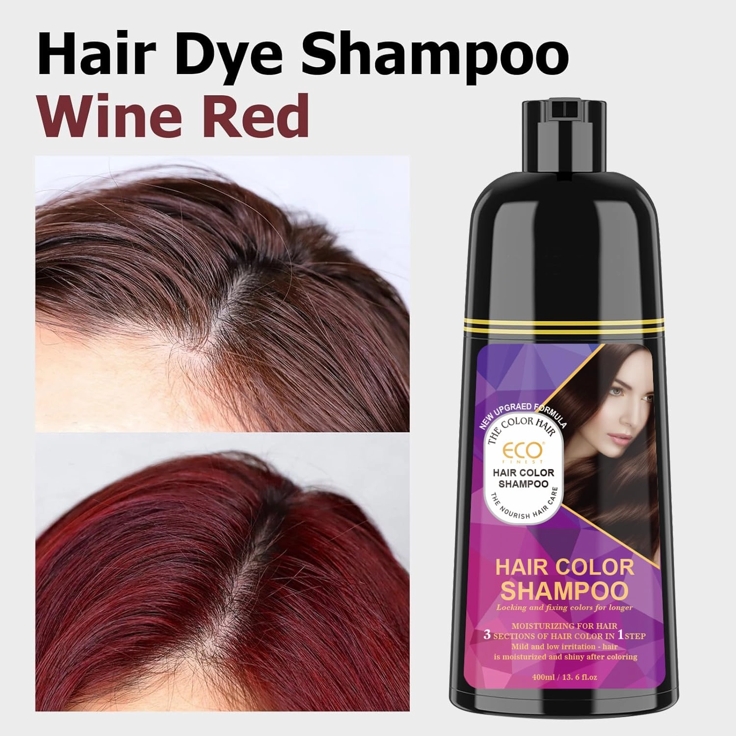 Hair Color Shampoo for Grey Hair Upgraded Formula Herbal Hair Dye Shampoo for Women & Men Moistueizing and Nourish Hair Care Mild and Low Irritation 400ML (WINE RED)