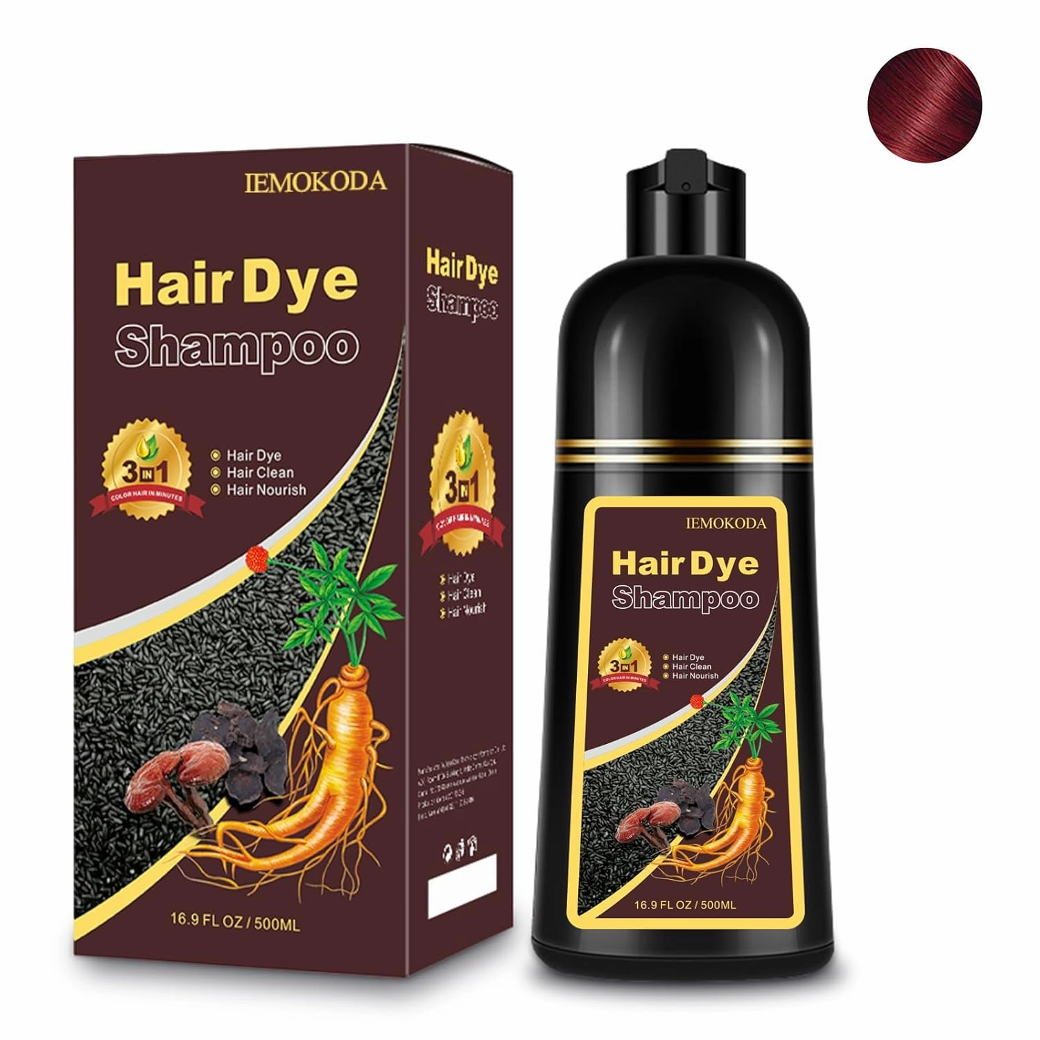Hair Dye Shampoo 3 In 1, Wine Red Hair Color Treated Shampoo Para Canas, Burgundy Semi-Permanent 15 Minutes, Home Use for Men & Women Parent, Christmas Gift, 500ml