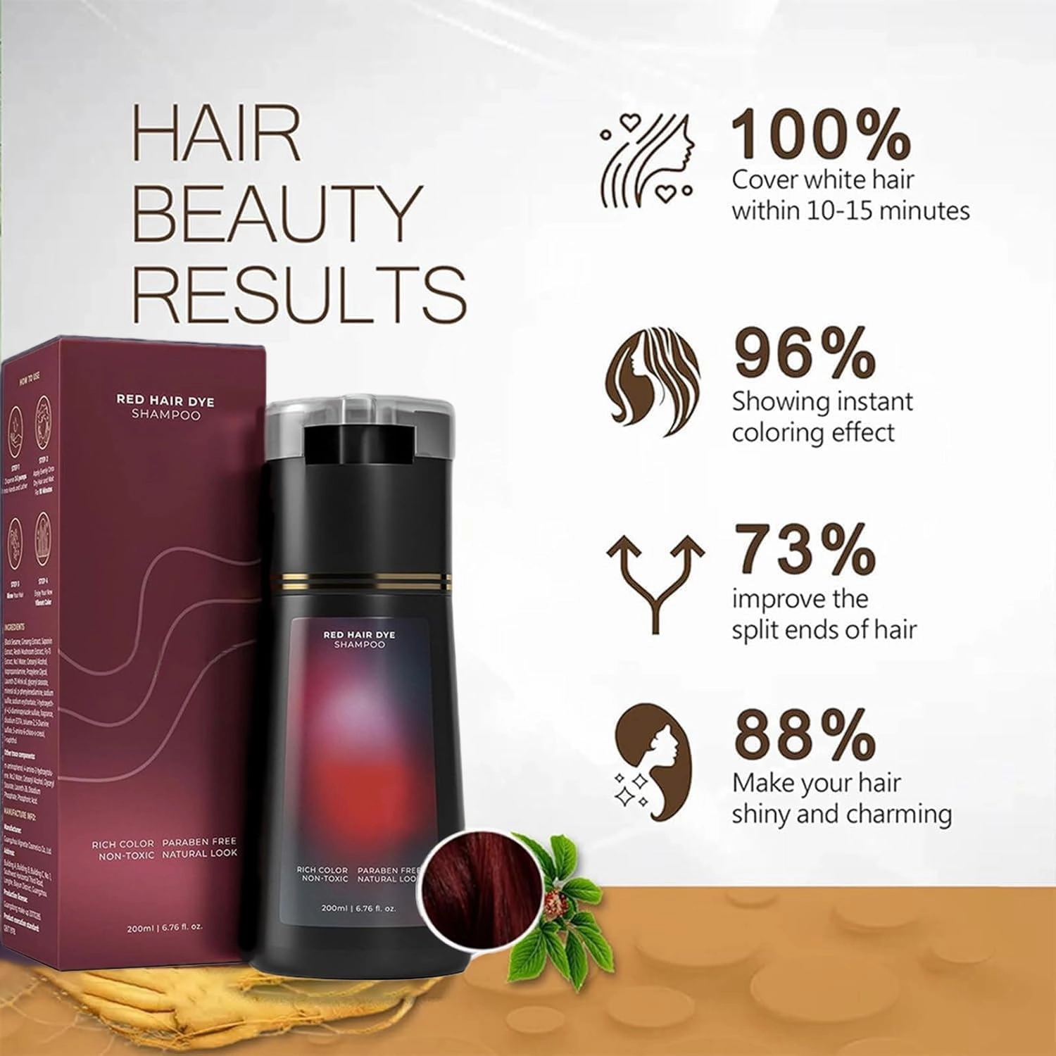 Hair Dye Shampoo,Hair Care, Natural Hair Color Shampoo for Gray and White Coverage, Suitable for Women & Men 200ml (Red)