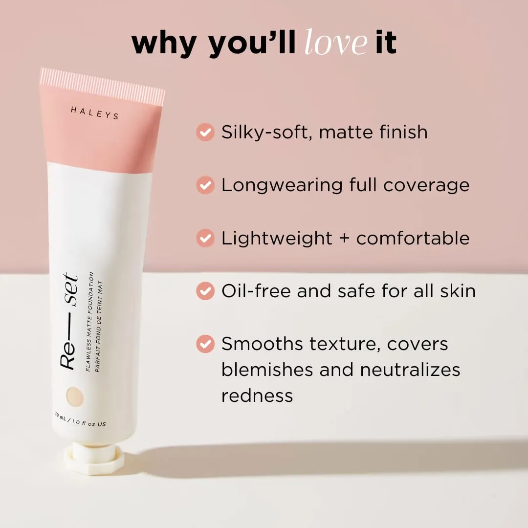 HALEYS Re-set Full Coverage Matte Foundation, VEGAN   CRUELTY-FREE, Oil-Free Liquid Foundation with Double-Dose Pigments for Long-Lasting, Smooth, Natural Finish for Sensitive, Acne-Prone Skin (2.15)