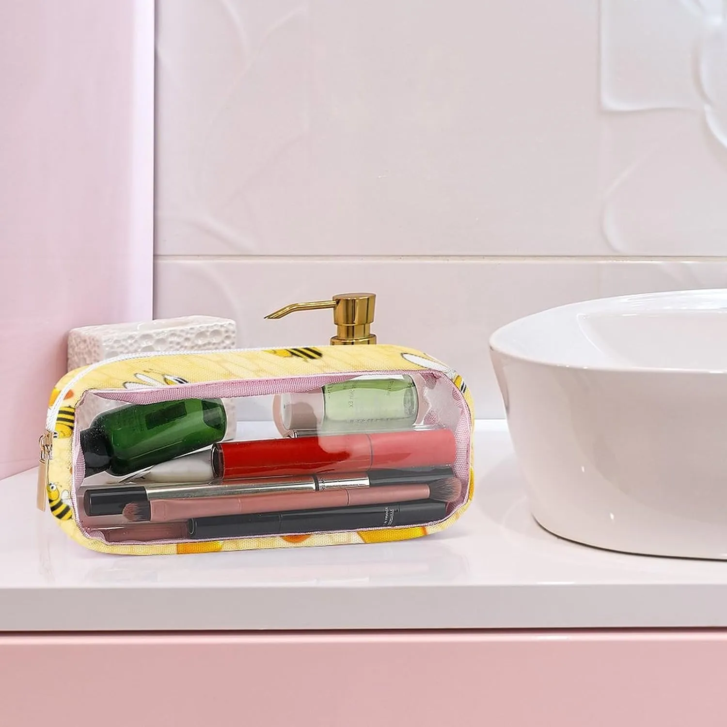 Happy Bumble Bees Transparent Storage Bag, 5-piece Makeup Bag Set, Transparent PVC with Portable Travel Storage Bag Pink-style