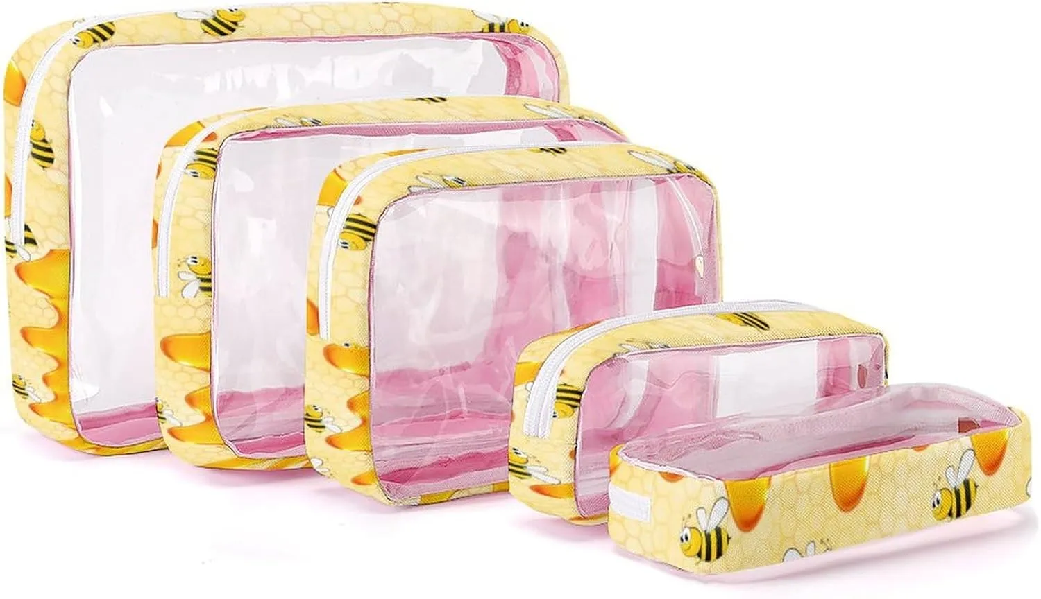 Happy Bumble Bees Transparent Storage Bag, 5-piece Makeup Bag Set, Transparent PVC with Portable Travel Storage Bag Pink-style