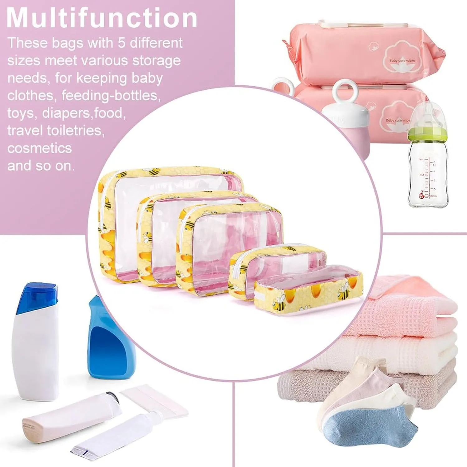 Happy Bumble Bees Transparent Storage Bag, 5-piece Makeup Bag Set, Transparent PVC with Portable Travel Storage Bag Pink-style