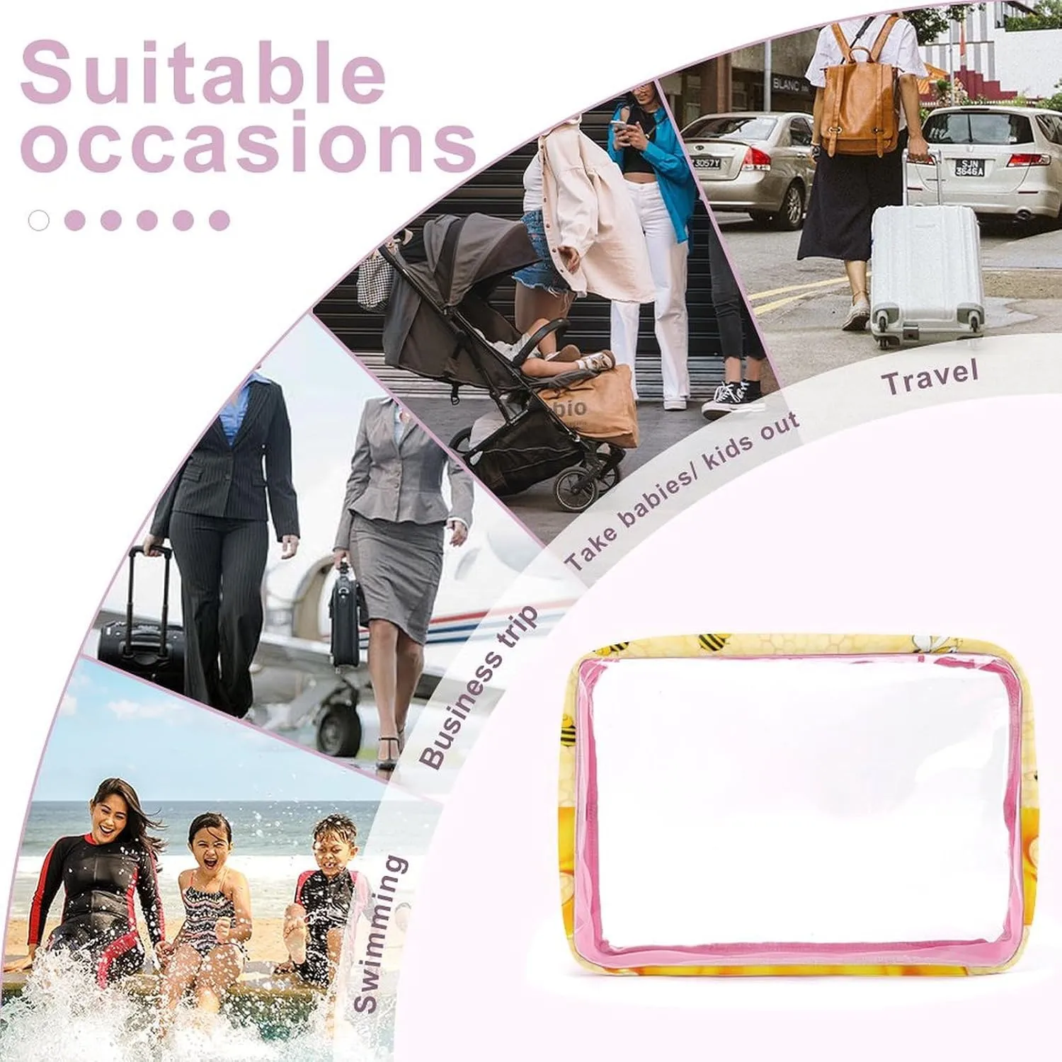 Happy Bumble Bees Transparent Storage Bag, 5-piece Makeup Bag Set, Transparent PVC with Portable Travel Storage Bag Pink-style