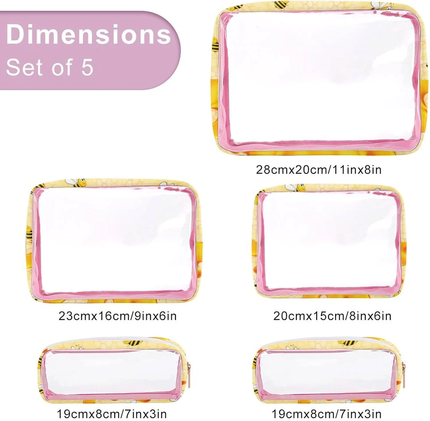 Happy Bumble Bees Transparent Storage Bag, 5-piece Makeup Bag Set, Transparent PVC with Portable Travel Storage Bag Pink-style