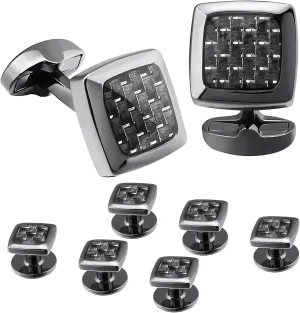 HAWSON Cufflinks and Studs for Men-Fashion Men Vintage Enamel Carbon Fiber Tuxedo Shirt Cufflinks and Studs Set for Regular Wedding Business Accessories