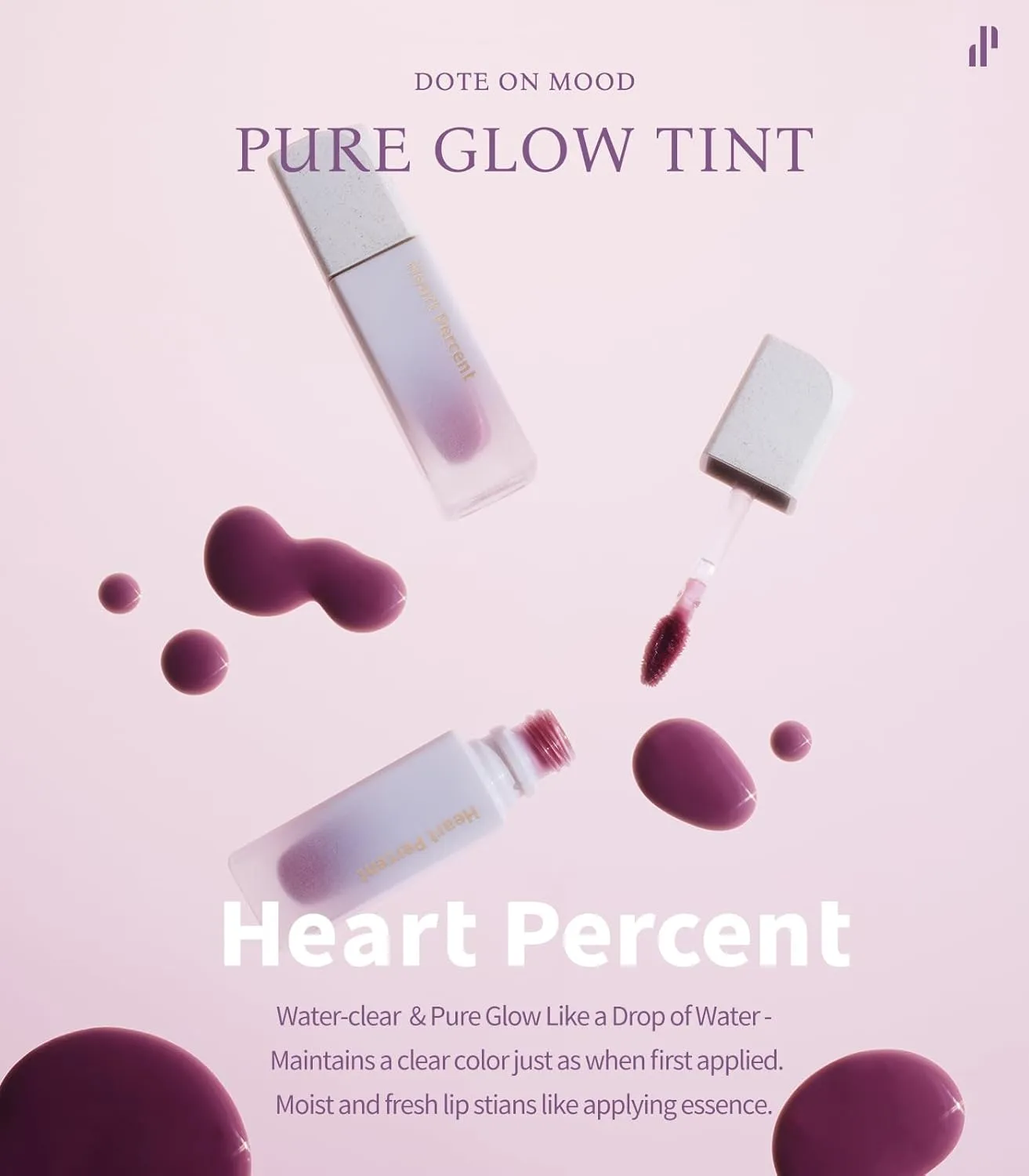 Heart Percent Dote On Mood Pure Glow Tint, Watery & Lightweight Moisturizing Lip Stain Long Lasting Liquid Lipstick 6.8g, #02. Pink Rose