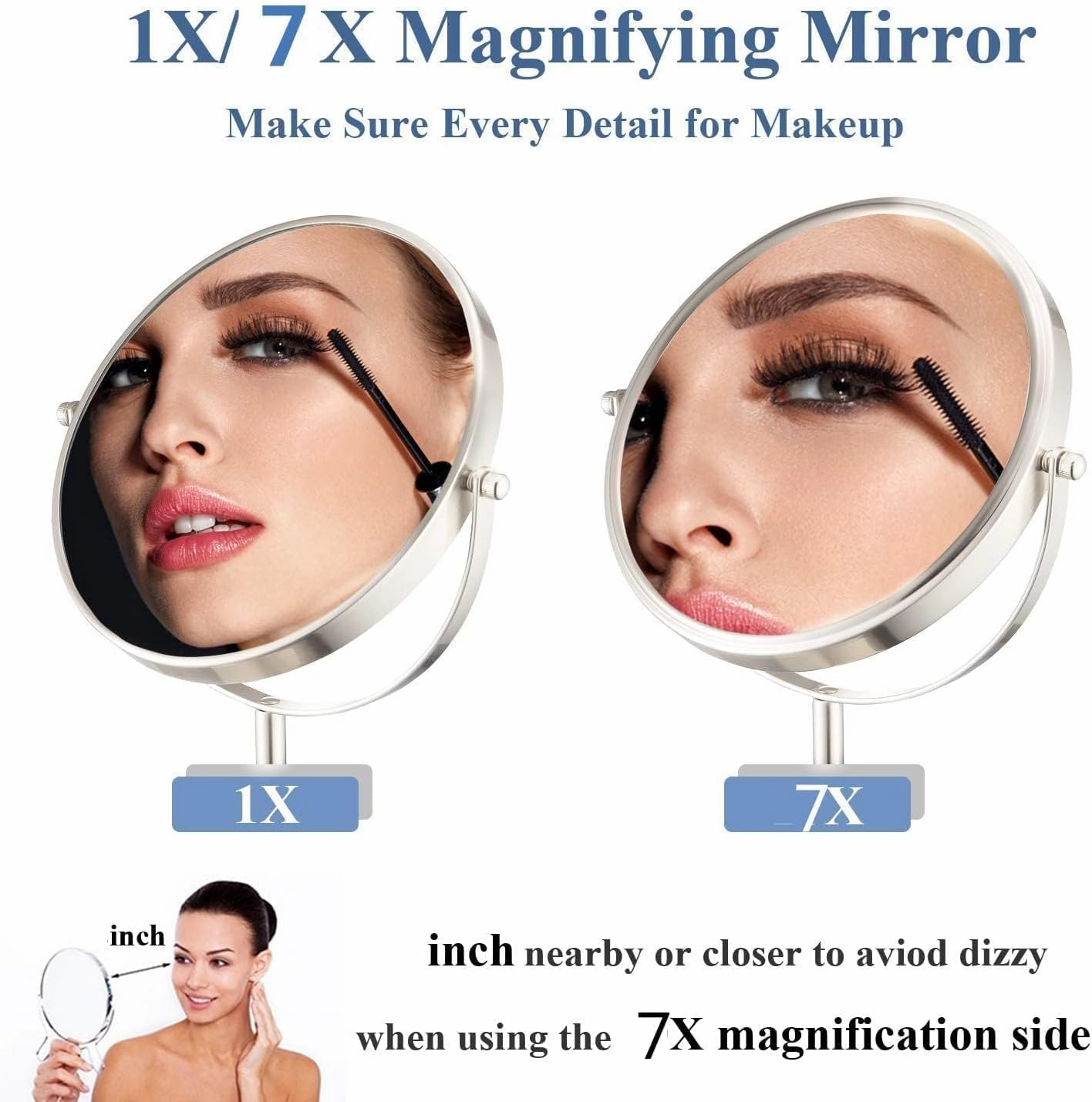 Height Adjustable Makeup Mirror 8 Inch Double-Sided 7X Magnification, Black Magnifying Makeup Mirror Round Tabletop Mirror Tall, Countertop Standing Cosmetics Black Finish