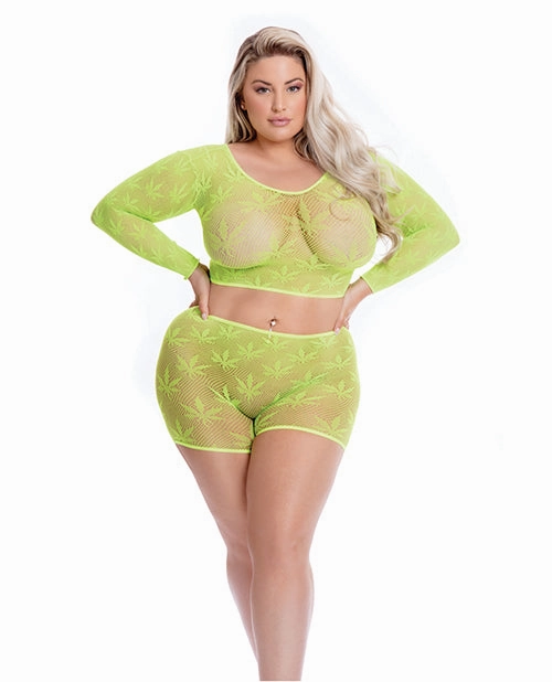 Hella Raw Pink Lipstick Leaf It To Me Long Sleeve Crop Top & Short Qn