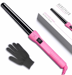HerStyler Grande Ceramic Curling Iron - 1 inch, Pink (Curling Wand for Long Short Hair, Dual Voltage, Negative Ions, Tapered Barrel, User Friendly, PF30)