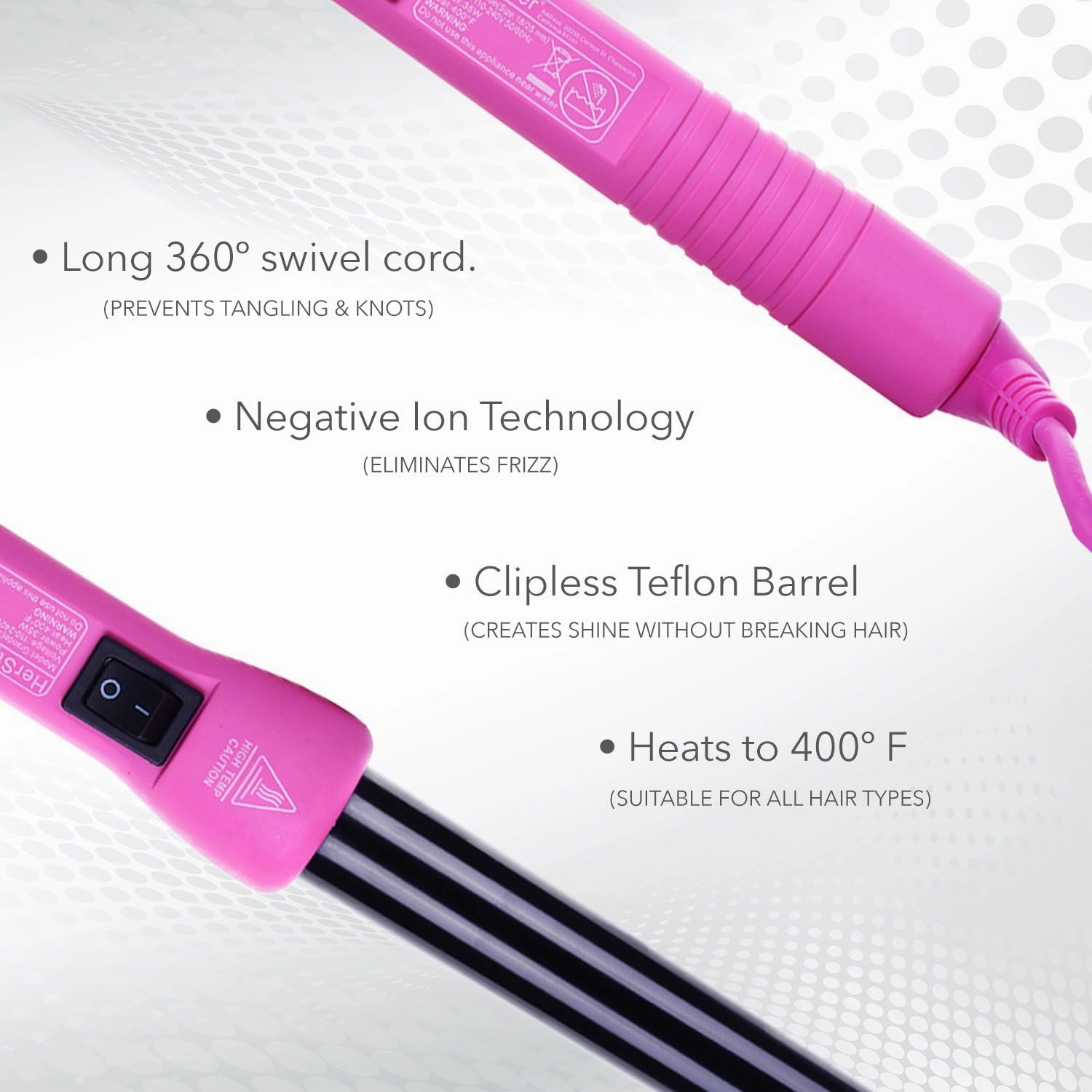 HerStyler Grande Ceramic Curling Iron - 1 inch, Pink (Curling Wand for Long Short Hair, Dual Voltage, Negative Ions, Tapered Barrel, User Friendly, PF30)