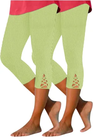 HGps8w Capri Leggings for Women Crossover Cutout Hem Knee Length Yoga Pants Casual Comfy Cropped Lounge Pants Pack of 2