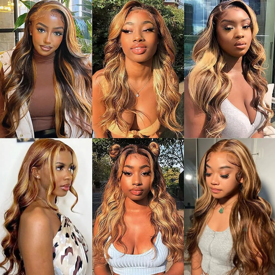 Highlight Ombre Lace Front Wigs Human Hair Pre Plucked with Baby Hair 5x5 Body Wave Closure Wigs Human Hair 180% Density 4/27 Colored Honey Blonde Lace Front Wig for Women 24 Inch