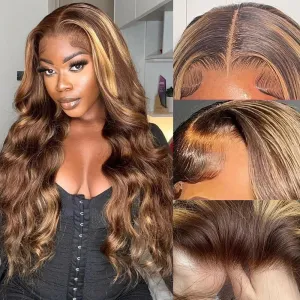 Highlight Ombre Lace Front Wigs Human Hair Pre Plucked with Baby Hair 5x5 Body Wave Closure Wigs Human Hair 180% Density 4/27 Colored Honey Blonde Lace Front Wig for Women 24 Inch