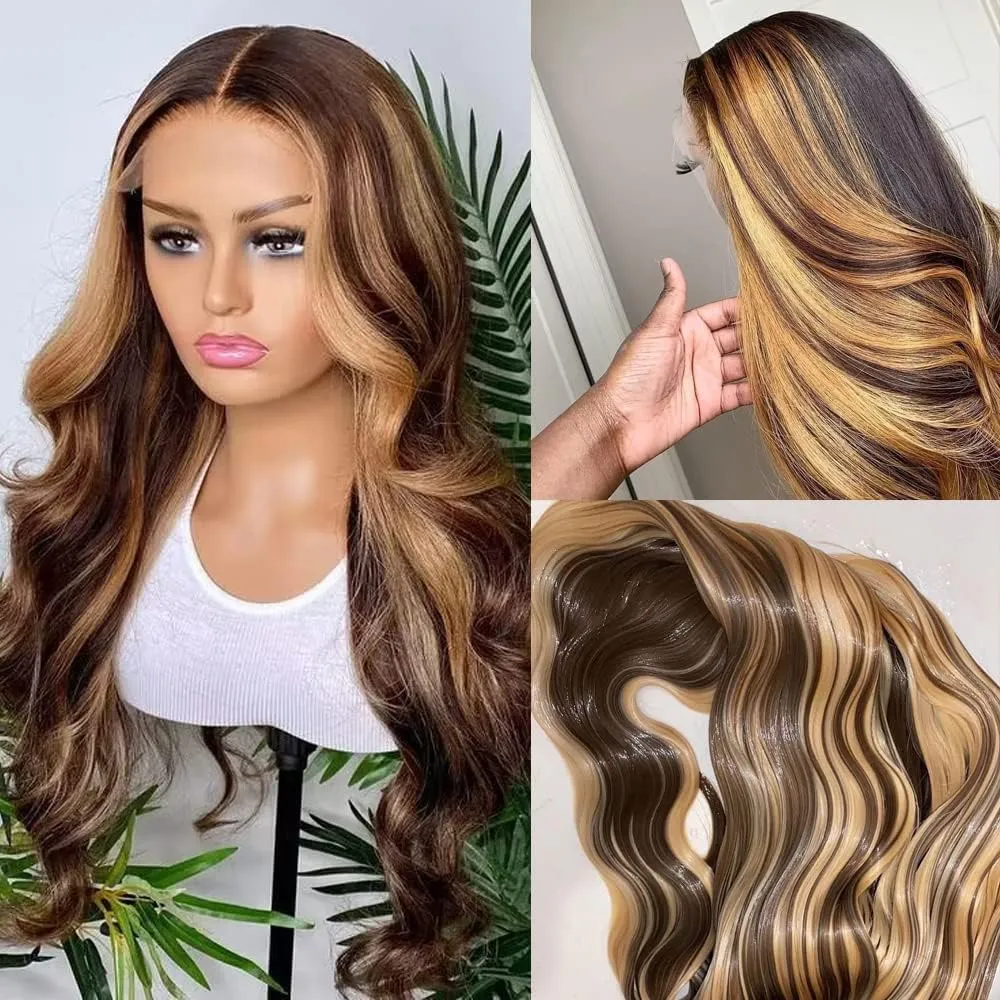 Highlight Ombre Lace Front Wigs Human Hair Pre Plucked with Baby Hair 5x5 Body Wave Closure Wigs Human Hair 180% Density 4/27 Colored Honey Blonde Lace Front Wig for Women 24 Inch