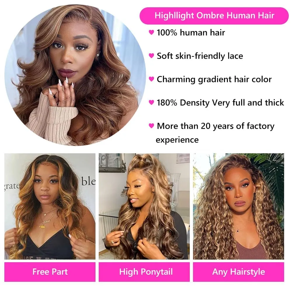 Highlight Ombre Lace Front Wigs Human Hair Pre Plucked with Baby Hair 5x5 Body Wave Closure Wigs Human Hair 180% Density 4/27 Colored Honey Blonde Lace Front Wig for Women 24 Inch
