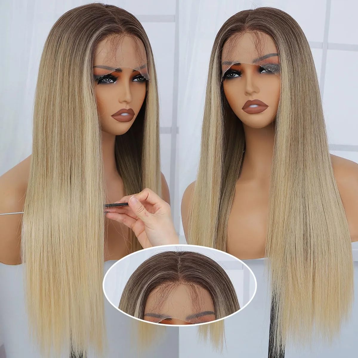 Highlight Straight Lace Front Wig Ombre Synthetic Lace Front Wig Pre Plucked Ready to Wear Glueless Wigs HD Lace Front Wigs for Women 26inch, Highlight Mix Brown Blonde Lace Front Wig