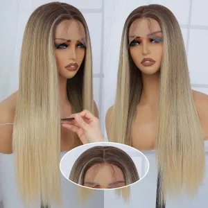 Highlight Straight Lace Front Wig Ombre Synthetic Lace Front Wig Pre Plucked Ready to Wear Glueless Wigs HD Lace Front Wigs for Women 26inch, Highlight Mix Brown Blonde Lace Front Wig