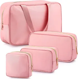 Hillban 4 Pieces Travel Nylon Makeup Bag Set Preppy Cosmetic Bag Nylon Cosmetic Zipper Pouches Travel Toiletry Bag for Women for Toiletries Essentials Accessories, 4 Sizes(Pink)