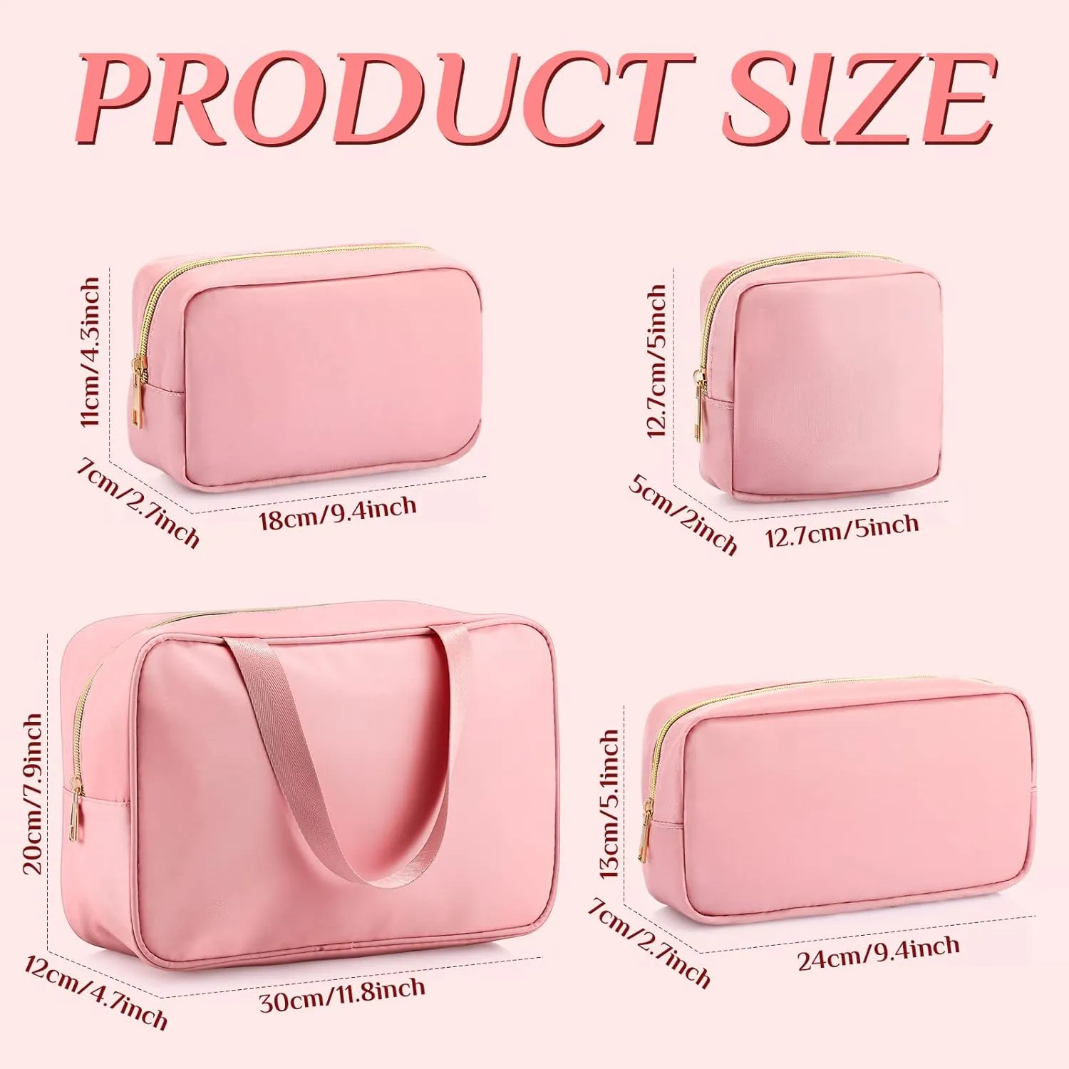 Hillban 4 Pieces Travel Nylon Makeup Bag Set Preppy Cosmetic Bag Nylon Cosmetic Zipper Pouches Travel Toiletry Bag for Women for Toiletries Essentials Accessories, 4 Sizes(Pink)