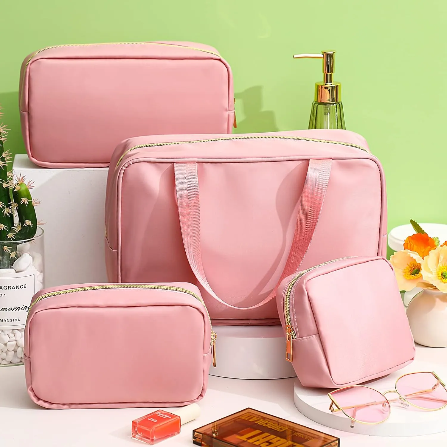 Hillban 4 Pieces Travel Nylon Makeup Bag Set Preppy Cosmetic Bag Nylon Cosmetic Zipper Pouches Travel Toiletry Bag for Women for Toiletries Essentials Accessories, 4 Sizes(Pink)