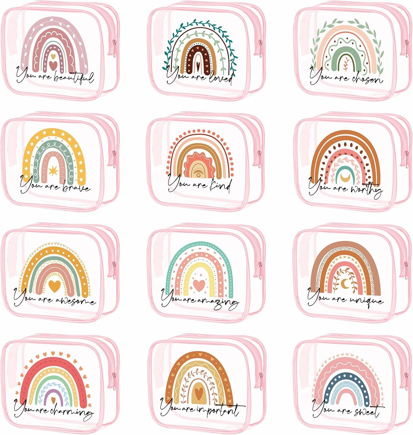 Hillban 12 Pcs Rainbow Clear Makeup Bag for Women Inspirational Quotes PVC Waterproof Cosmetic Bags Encouragement Travel Toiletry Pouch for Graduation Teacher Student Nurse Gifts(Pink)